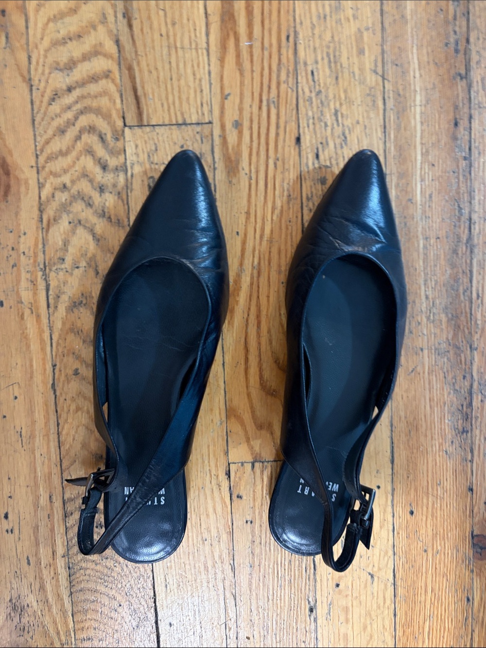 Stuart Weitzman Black Pointed Toe Slingback Mules